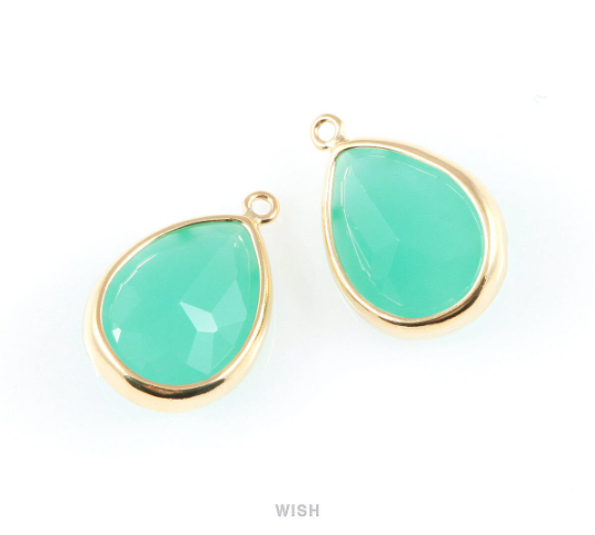 Mint Teardrop Glass Charm in Rhodium, Framed Drop Glass Gem / GMTRH-016-P
