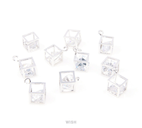 Round Cubic Zirconia in Rhodium Square Cage, Round Shape Cubic Zirconia / CRH-011-P (Medum)