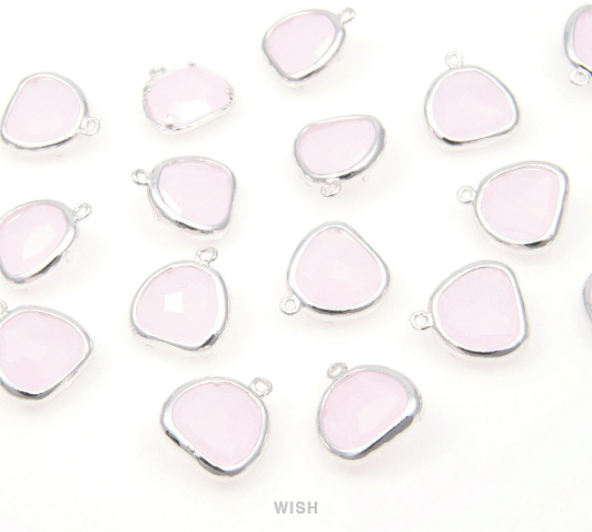 Rose Quartz Pear Glass Charm in Rhodium, Glass Framed Pendant/ GRQRH-093-P
