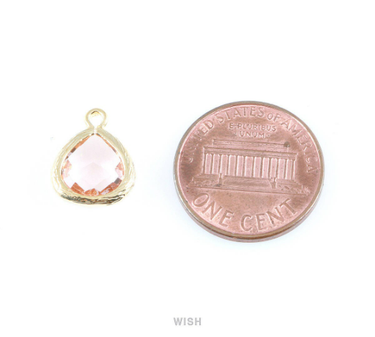 Peach Faceted Glass Charm in Rhodium, Framed Glass Gem/ GPCRH-003-P (Small)