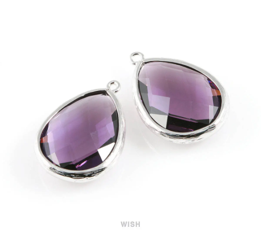 Amethyst Teardrop Glass Charm in Gold, Framed Drop Glass Gem / GTZG-044-P