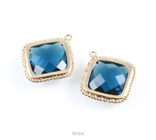 Montana Blue Diamond Shape Pendants in Rhodium, Framed Diamond Charms / GMBRH-032-P