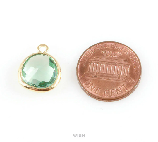 Mint Faceted Glass Charm in Rhodium, Framed Drop Glass Gem /GMTRH-004-P (Medium)