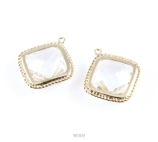 Clear Diamond Shape Pendants in Rhodium, Framed Diamond Charms / GCLRH-032-P