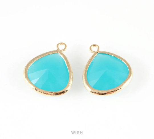 Ocean Blue Faceted Glass Charm in Rhodium, Framed Drop Glass Bead / GOBRH-001-P (Large)