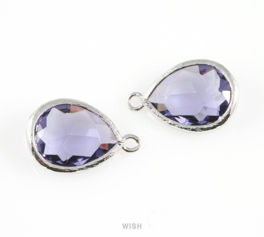 Amethyst Teardrop Glass Charm in Gold, Framed Drop Glass Gem / GTZG-005-P