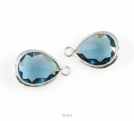 Montana Blue Teardrop Glass Charm in Gold, Framed Drop Glass Gem / GMBG-005-P