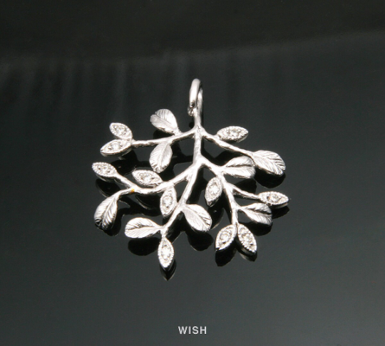 Leaves and Branch with Cubic Zirconia in Matte Rhodium, Tree Charm / MMRH-259-P