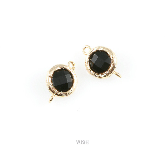 Jet Black faceted Glass Connector in Gold, Framed Round Glass Bead / GJTG-015-P