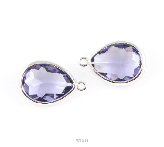 Amethyst Teardrop Glass Charm in Gold, Framed Drop Glass Gem / GTZG-016-P