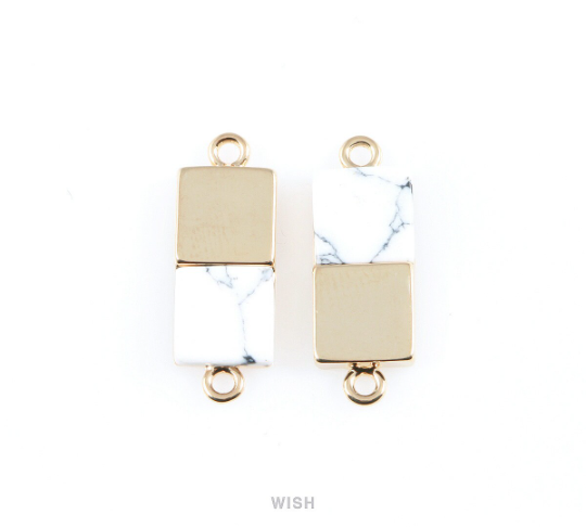 Howlite Rectangle Stone Charm in Rhodium, Gemstone Framed Pendant / SHTRH-055-P