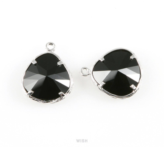 Jet Faceted Glass Charm in Gold, Framed Pendant / Birthstone / GJTG-036-P