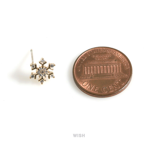 Snowflake Stud Earrings with CZ in Gold, CZ Snow Crystal Stud Earrings / CG-073-E