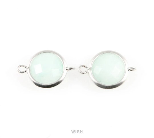 Mint Faceted Stone Charms in Matte Rhodium, Framed Round Connectors / SMTMRH-028-C