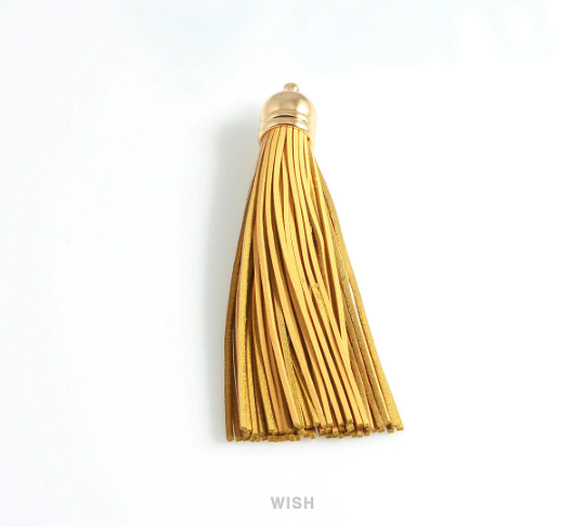 Yellow Leather Tassel with Bell Cap in Rhodium, Yellow Cowhide Tassel / LYWRH-006-T (1 piece)