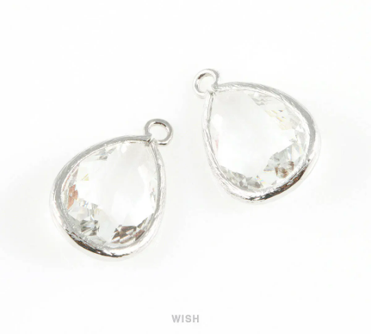 2pcs Clear Teardrop Glass Charm in Rose Gold, Framed Drop Glass Gem /GCLRG-005-P