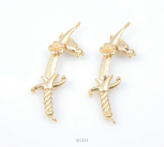 Flower and Sparrow on Sword Pendants in Matt Rhodium, Silver Sword Charm / MMRH-346-P