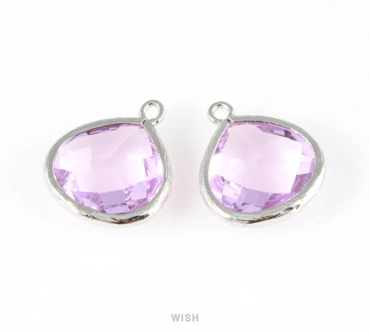 Light Amethyst Faceted Glass Charm in Gold, Framed Drop Glass Bead / GLDG-001-P (Large)