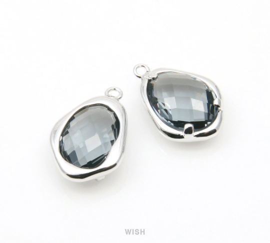 Charcoal Faceted Glass Charms in Rhodium, Framed Teardrop Pendant / GCCRH-085-P