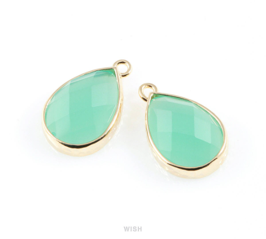 Mint Teardrop Glass Charm in Rhodium, Framed Drop Glass Gem / GMTRH-037-P