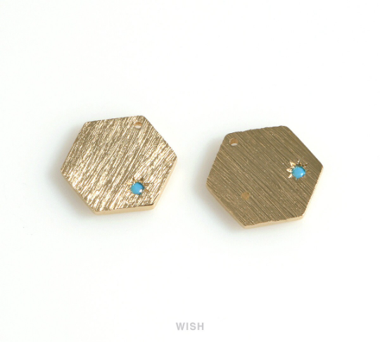 Hexagon Charm with a Turquoise in Matte Gold, Hexagon Pendant / MMG-670-P