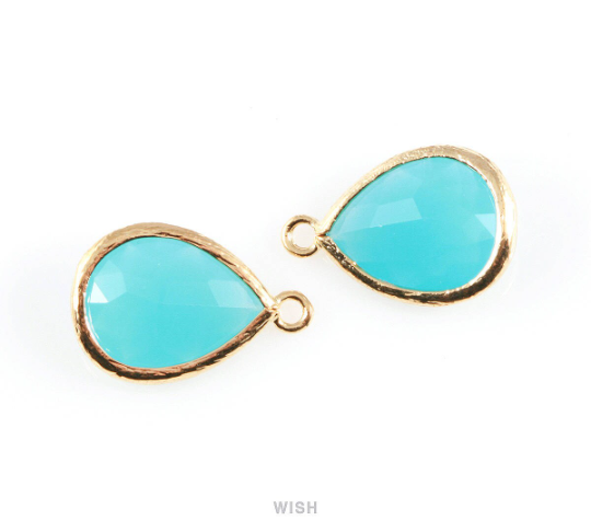 Ocean Blue Teardrop Glass Charm in Rhodium, Framed Drop Glass Gem / GOBRH-005-P