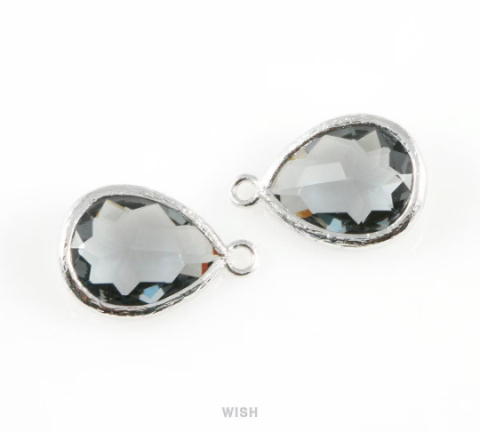 Charcoal Teardrop Glass Charm in Gold, Framed Drop Glass Gem / GCCG-005-P