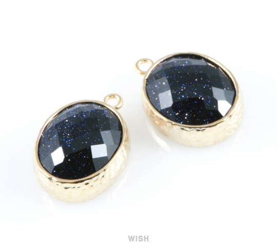 Lapis-Lazuli Faceted Glass Charms in Rhodium, Framed Oval Pendant / GLLRH-009-P