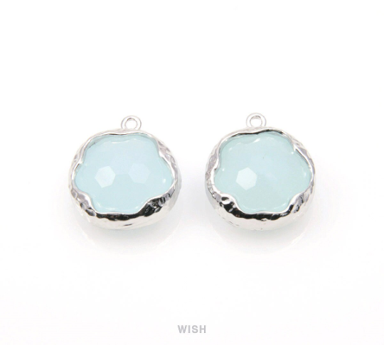Alice Blue Faceted Glass Charms in Gold, Framed Round Pendant / GABG-090-P (Small)