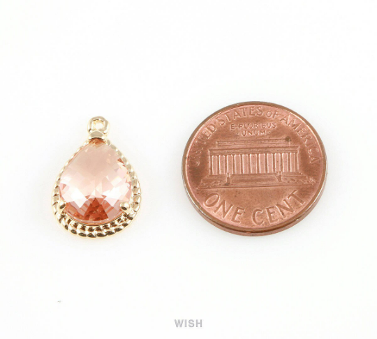 Mint Teardrop Glass Charm in Gold, Framed Drop Glass Gem / GMTG-006-P