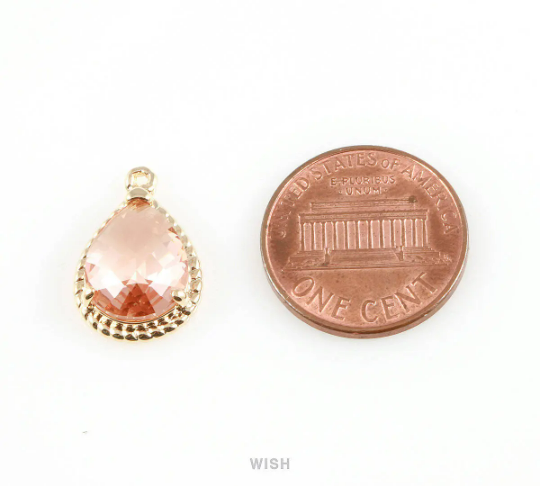 Peach Teardrop Glass Charm in Rhodium, Framed Drop Glass Gem / GPCRH-006-P