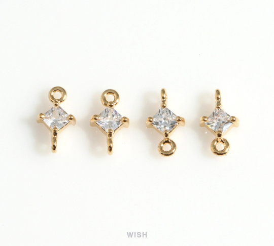 Diamond Shape Cubic Zirconia Connector in Rhodium, Dainty CZ Charm / CRH-085-P (4pcs)