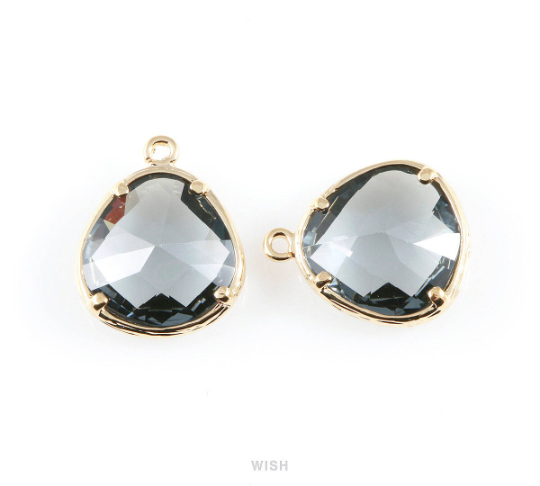 Gray Faceted Glass Charm in Rhodium, Framed Pendant / GGYRH-036-P