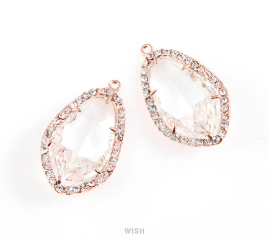 Briolette Clear Glass with Rhinestone in Rhodium, Framed Gem Pendant / GCLRH-043-P