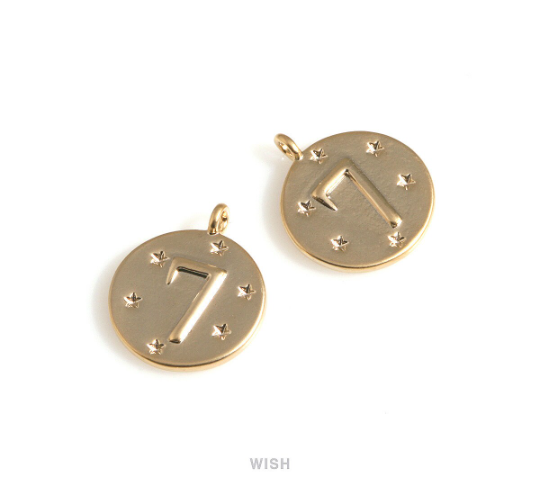 Lucky Seven on Coin Pendants in Matte Gold, Lucky Seven Coin Charms / MMG-697-P