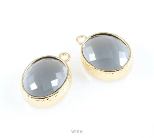 Charcoal Faceted Glass Charms in Rhodium, Framed Oval Pendant / GCCRH-009-P