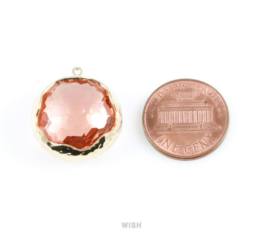 1 piece of Peach Faceted Glass Charms in Gold, Framed Round Pendant/ GPCG-011-P