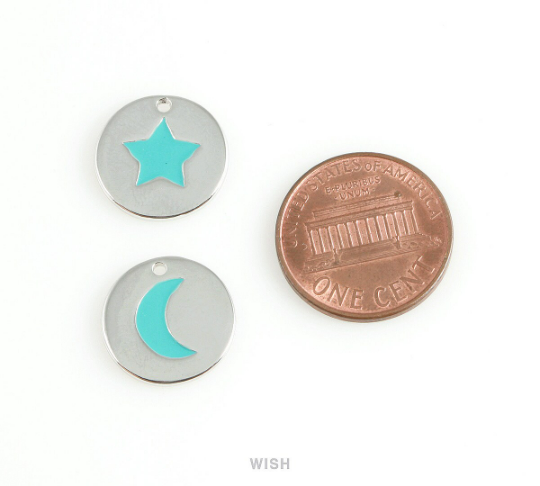 Turquoise Star Disc Pendants in Rhodium, Mint Star Charm /MRH-406-P