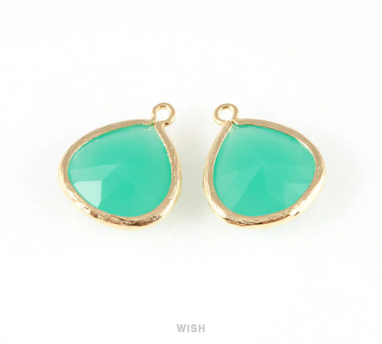 Mint Faceted Glass Charm in Rhodium, Framed Drop Glass Bead / GMTRH-001-P (Large)