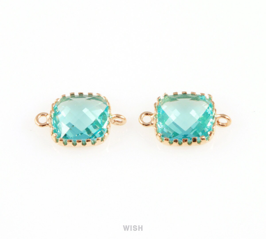 Blue Zircon Faceted Glass Connector in Rhodium, Framed Square Connector / GBZRH-007-P