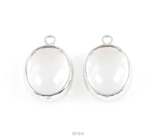 Clear Faceted Glass Charms in Gold, Framed Oval Pendant / GCLG-009-P