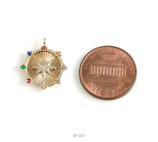 Gold Star Shine Disc with Multi Color Birthstones, Star Shine Coin /MG-429-P