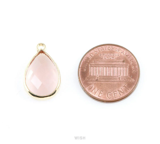 Peach Teardrop Glass Charm in Rhodium, Framed Drop Glass Gem /GPCRH-037-P