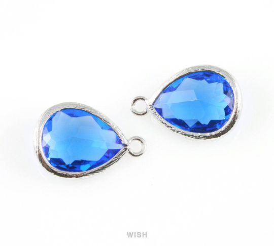Cobalt Blue Teardrop Glass Charm in Gold, Framed Drop Glass Gem / GCTG-005-P