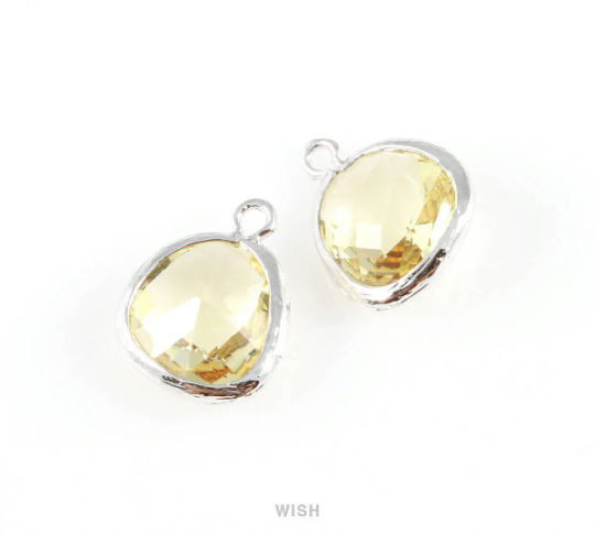 Topaz Faceted Glass Charm in Gold, Framed Drop Glass Gem / GTPG-004-P (Medium)