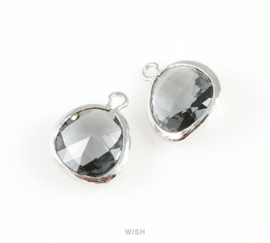 Charcoal Faceted Glass Charm in Gold, Framed Drop Glass Gem / GCCG-004-P