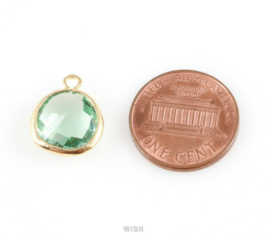 Emerald Faceted Glass Charm in Gold, Framed Drop Glass Gem /GEMG-004-P (Medium)