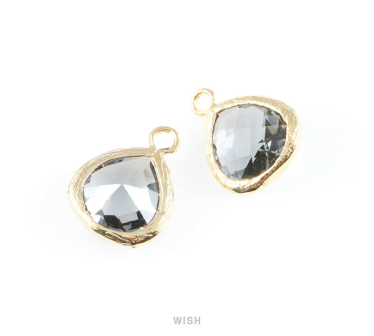 Charcoal Faceted Glass Charm in Rhodium, Framed Glass Gem / GCCRH-003-P (Small)