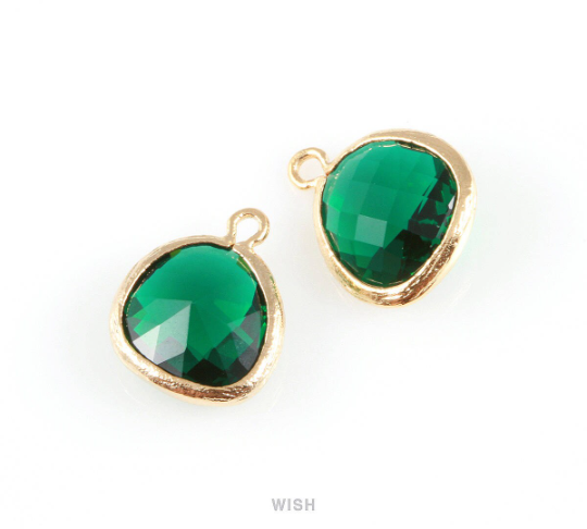 Emerald Faceted Glass Charm in Rhodium, Framed Drop Glass Gem / GEMRH-004-P (Medium)