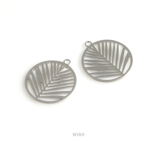 Palm Tree Leaf in Disc in Matte Rhodium, Palm Tree Leaf in Coin Charm / MMRH-647-P